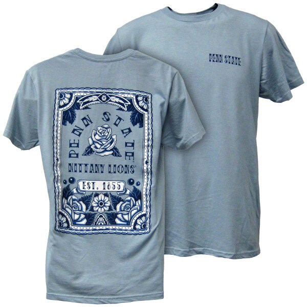 denim blue short sleeve t-shirt with Penn State tattoo designs front and back